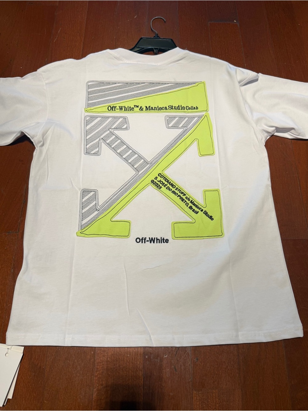 Off-White White Short Sleeve Tee with Neon Yellow-Green Arrow Graphic